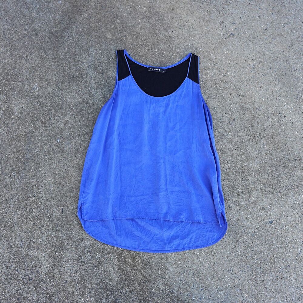 Trouvé 100% Silk Hi-Low Tank Top Women’s Small Royal Blue Black Contrast Yoke